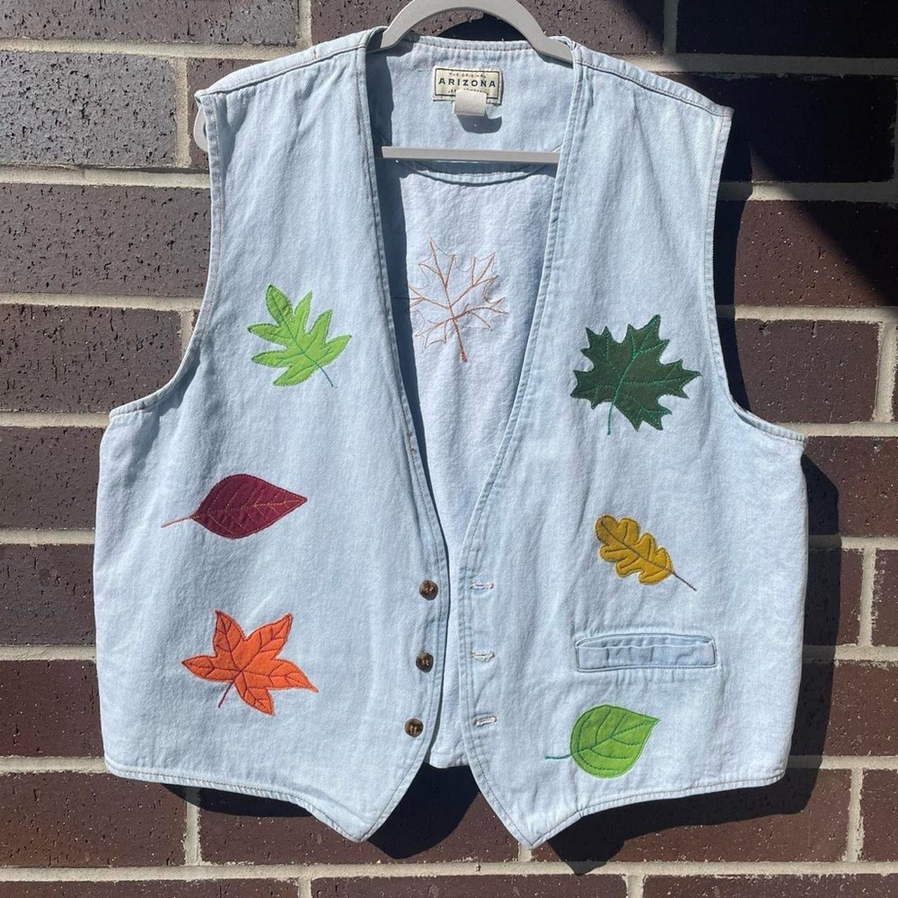 Arizona Jean Company Vintage Denim Vests Upcycled Embroidered Autumn Leaves